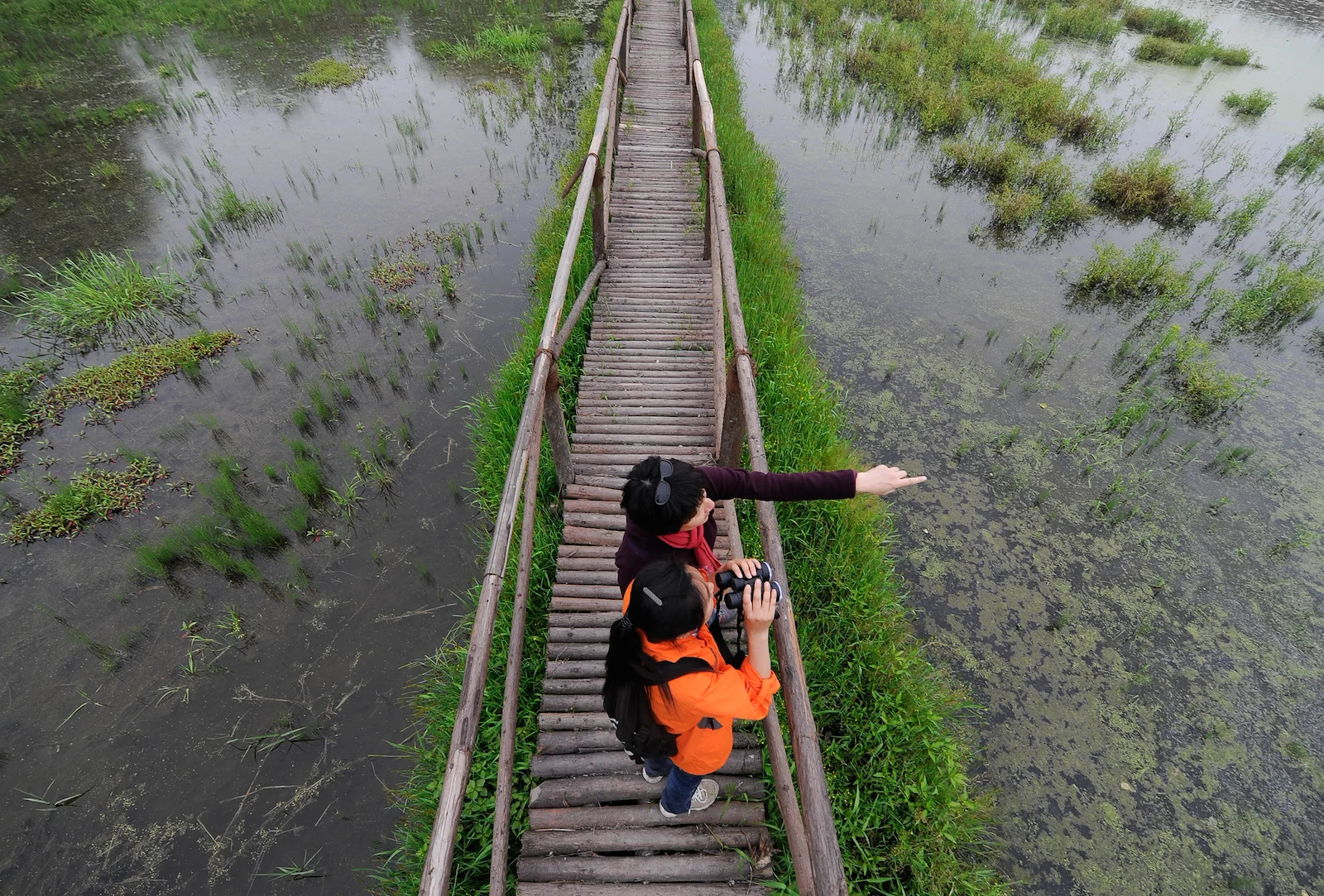 A man and woman in China stand on a small bridge over a pond.