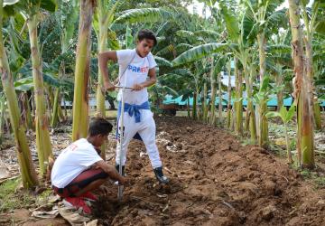 Two young men dig into the ground outside 