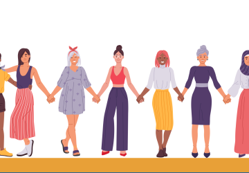infographic of different women standing line holding hands 