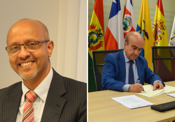 collage image with one man on the left in a suit smiling to the camera, and a photo on the right of a man signing a document behind a row of flags