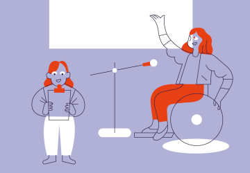 infographic of a women, who is sitting in a wheel chair speaking into a microphone