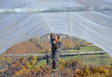 A man is working on a tarp that is hung overhead, in a field 