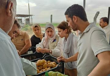 A group of people looking over food produce in an outdoor setting. Includes both men and women and a woman wearing a head scarf