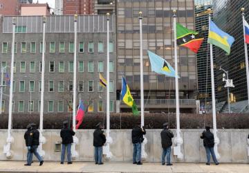 Flags hoisted outside the UN building in New York