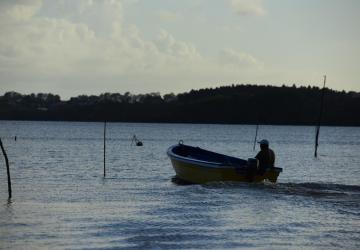 A man on a small boat is travelling across water.