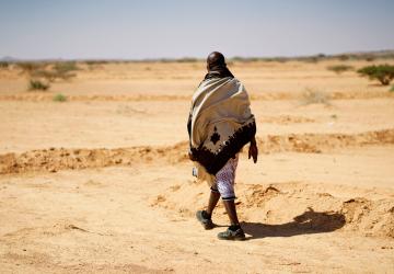A man walking through agricultural land in Somalia.