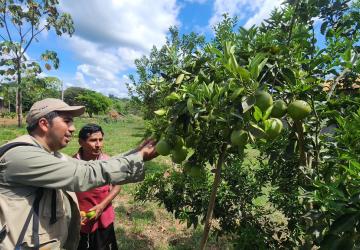 A man in the Bolivian Amazon shows his crop to a UN official. 