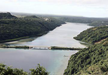 An aerial view of the Vaipua Channel in Vava'u, Tonga.