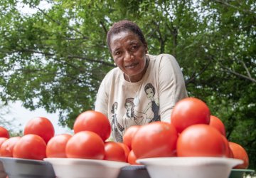A market vendor in South Africa sells tomatoes.