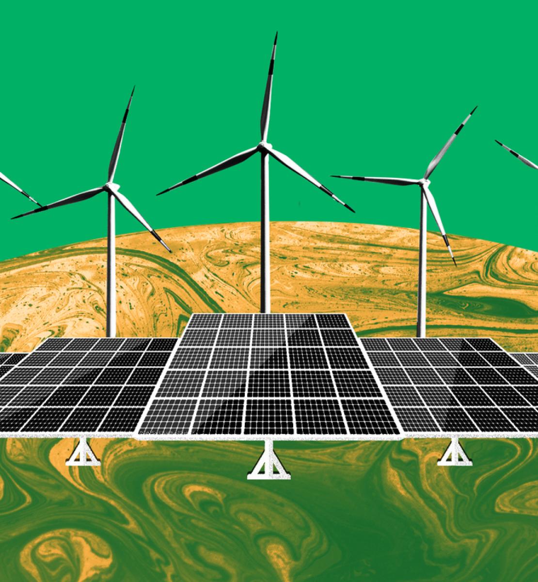 Infographic showing solar panels and wind turbines on top of the earth 