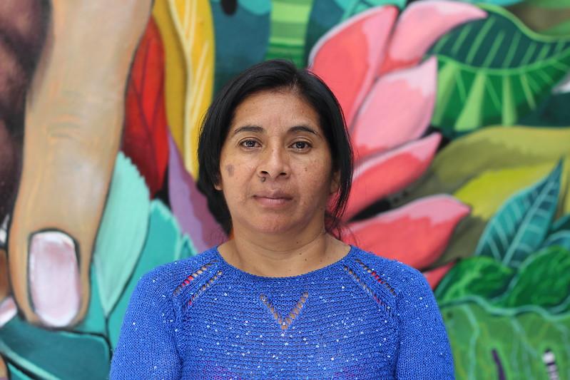 A woman stands in front of a nature mural, she is looking at the camera. She is wearing a blue top
