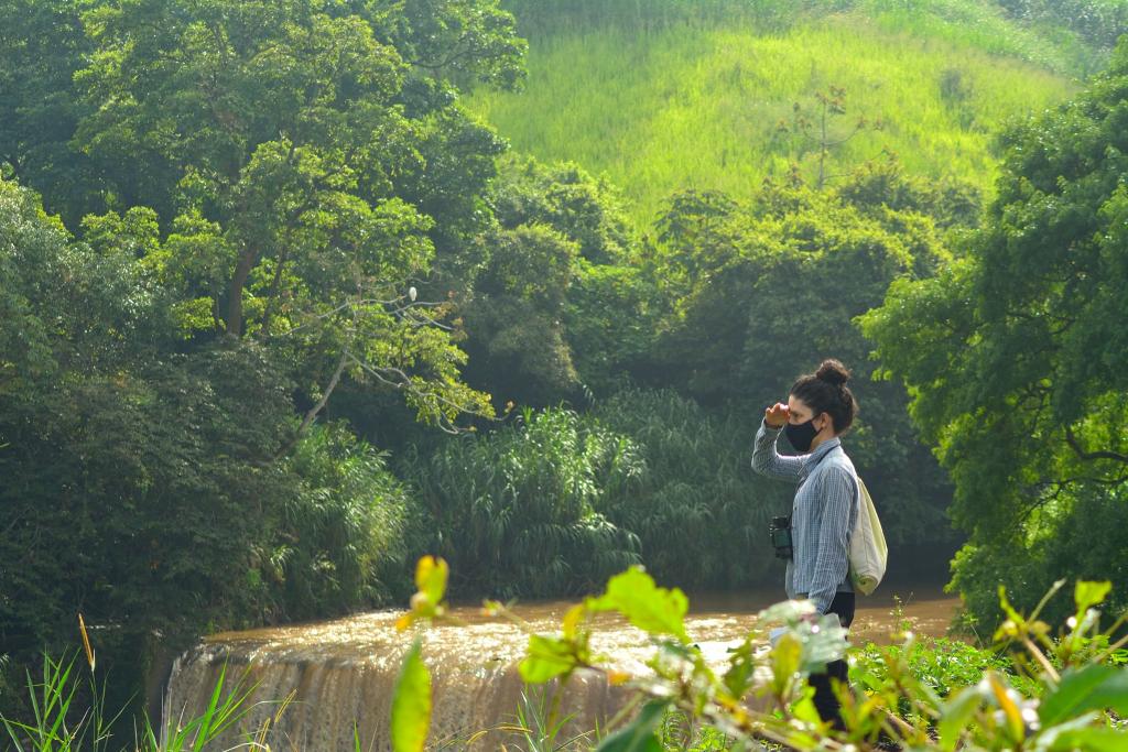 A woman in Costa Rica looks out beyond a waterfall.