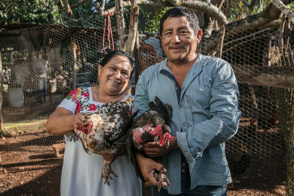 A husband and wife hold chickens in Mexico.