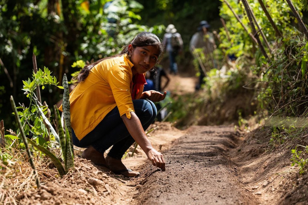 A woman works with soil.