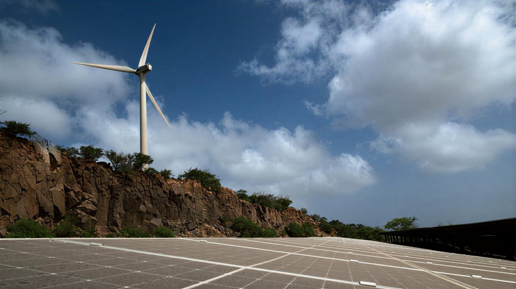 A wind turbine next to a solar panel.