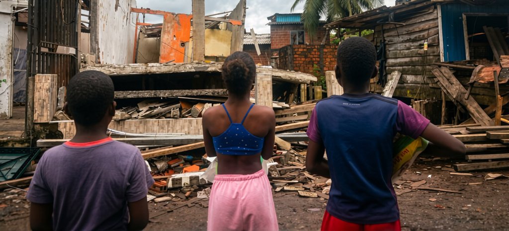 Three children surveil damage after an earthquake in Colombia.
