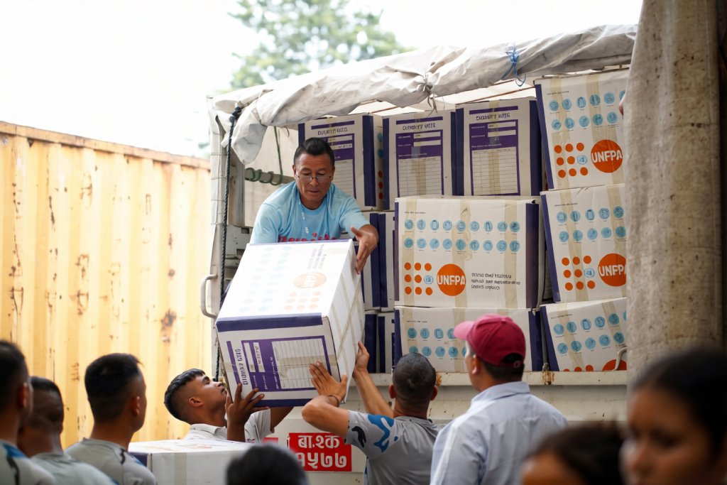 An aid worker distributes supplies from a truck following floods in Nepal.