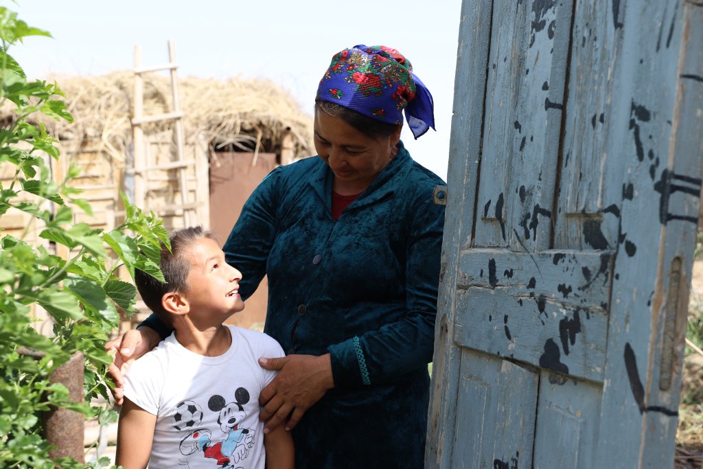 A woman and her son in Turkmenistan.