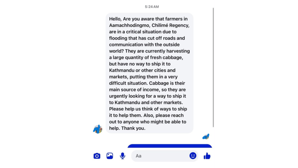 A Facebook message sent to the UN team in Nepal.