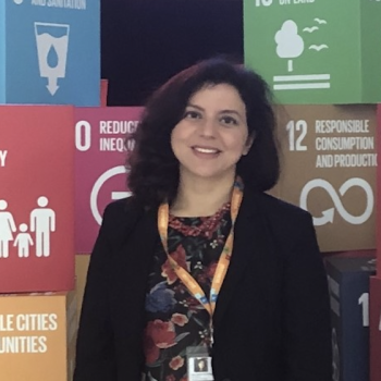 A woman in a colorful shirt and black jacket stands in front of blocks with the Sustainable Development Goals.