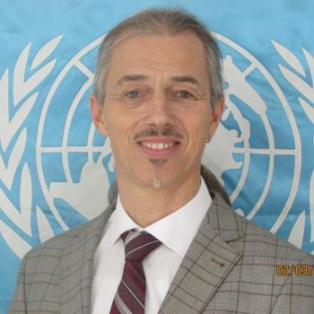 man in grey suit in front of UN sign 