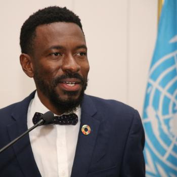 man in suit and bow tie stand in front of UN flag 