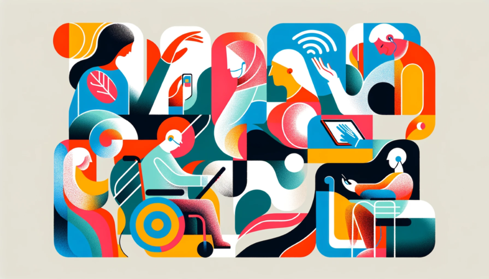 Another colorful AI-generated collage that shows persons with disabilities on computers and laptops, juxtaposed with bright colors. 