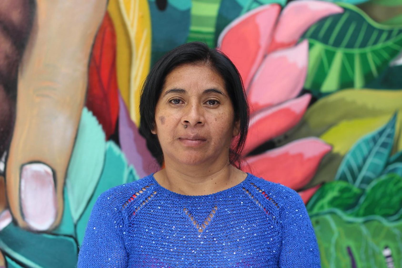 A woman stands in front of a nature mural, she is looking at the camera. She is wearing a blue top