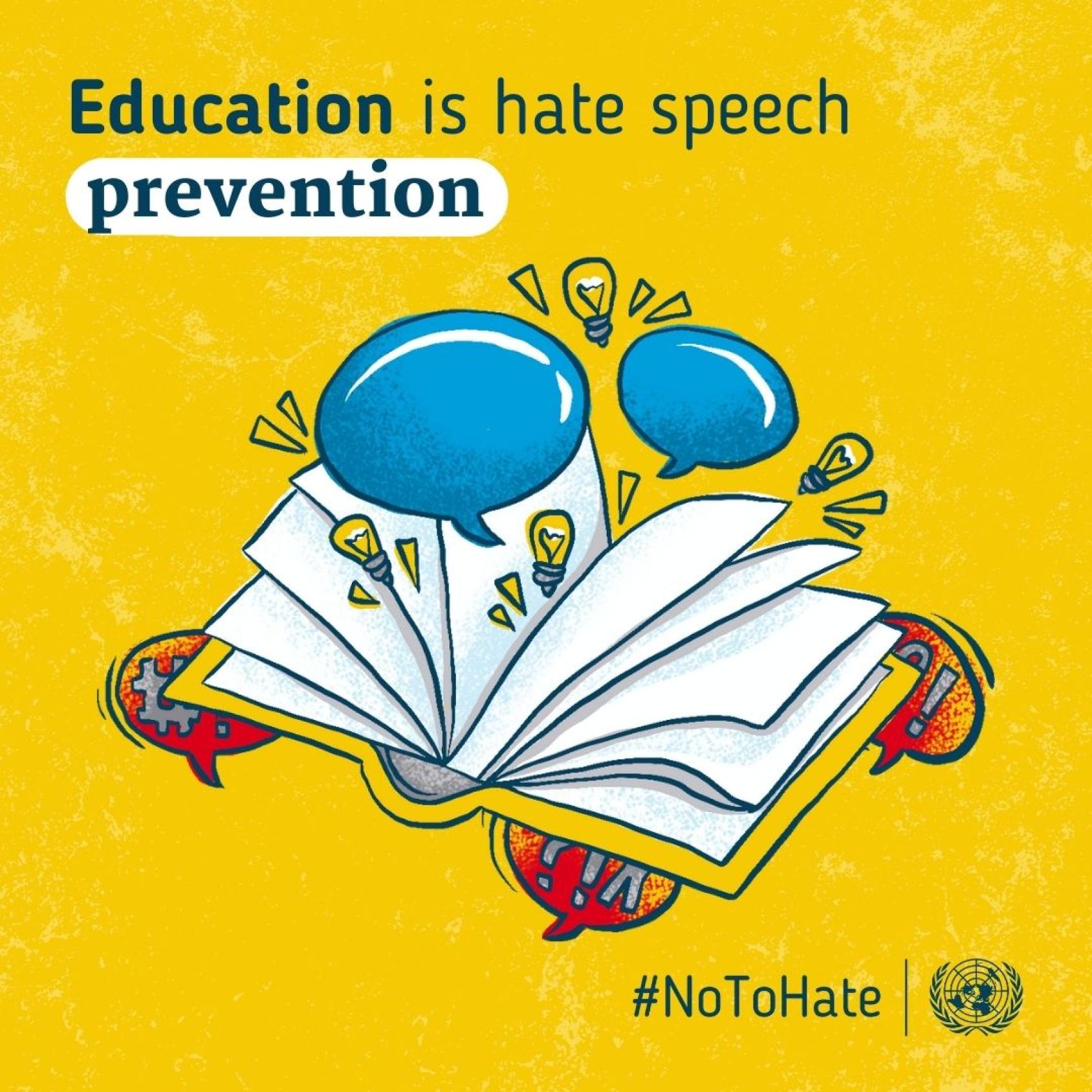 A graphic card with an open book that says Education is hate speech prevention