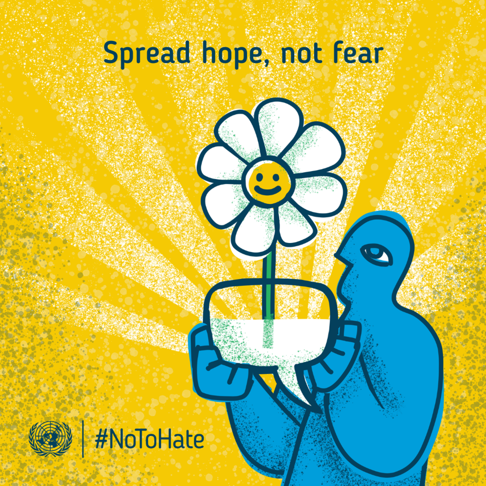 A graphic showing a person holding a flower pot with the words 'Spread hope, not fear'