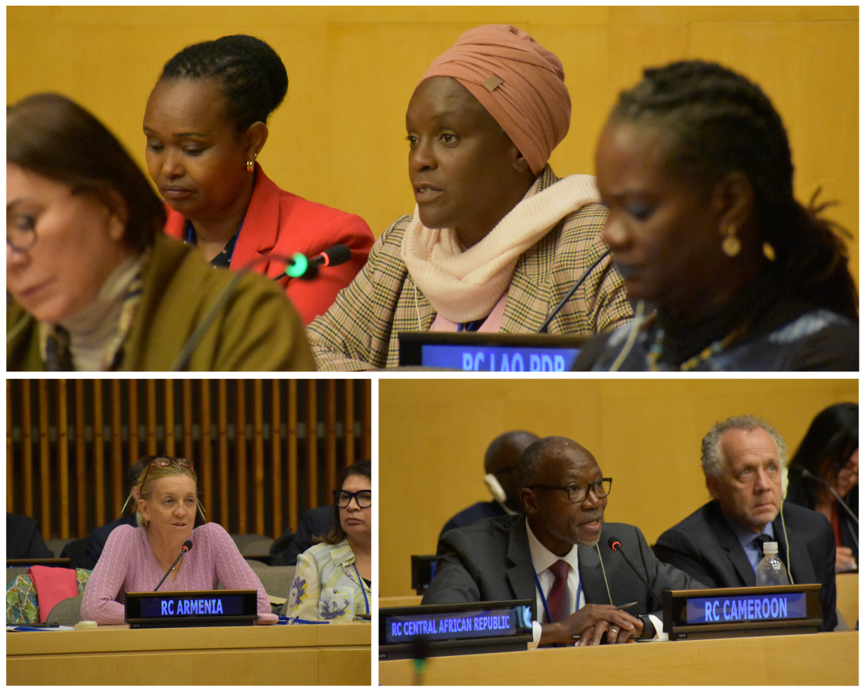 A photo collage of three Resident Coordinators, seated behind podiums in the same room.