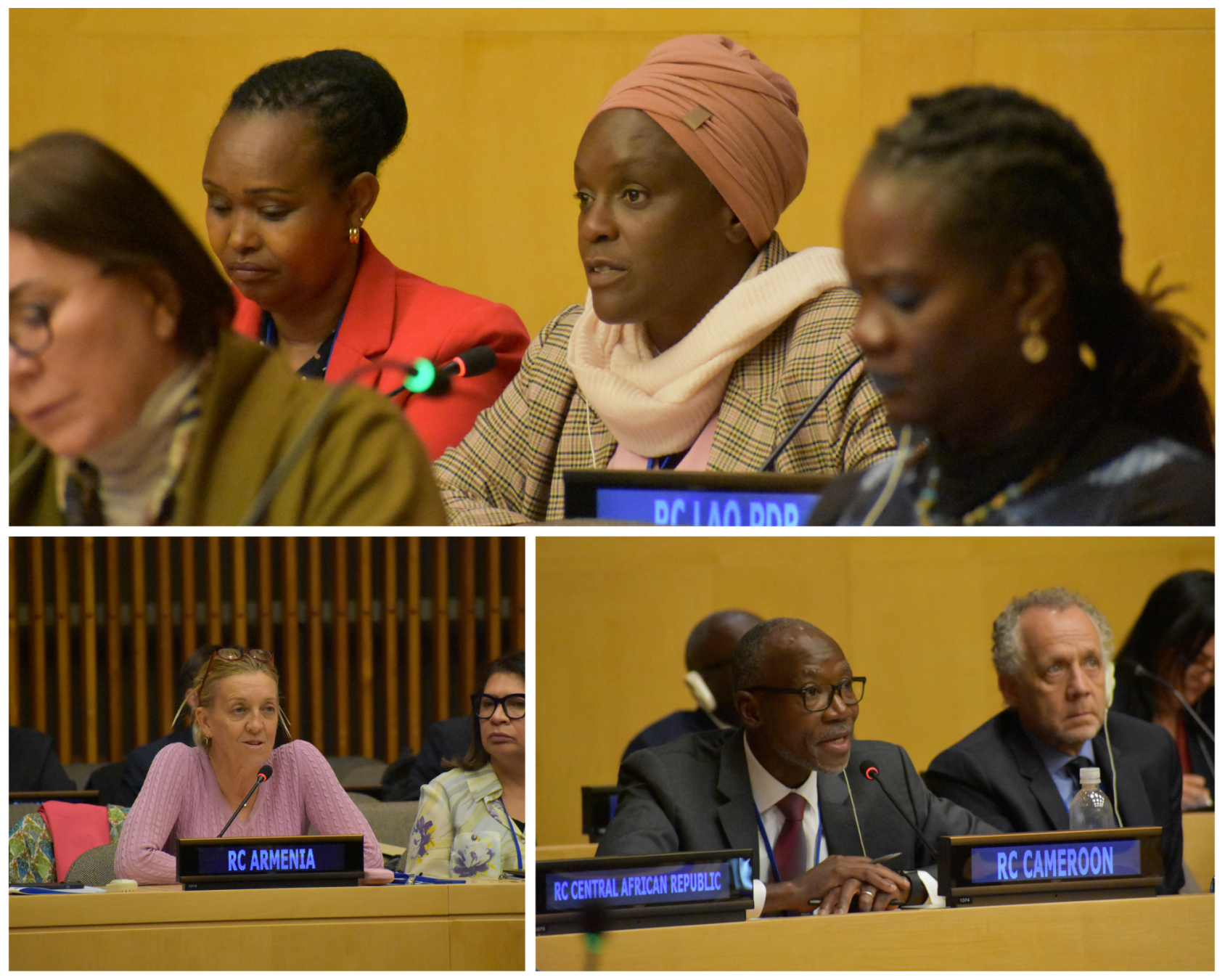 A photo collage of three Resident Coordinators,  seated behind podiums in the same room. 