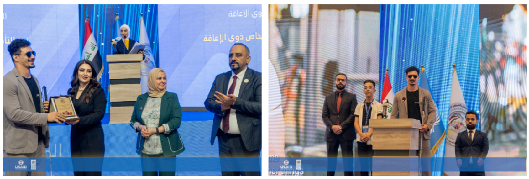 Two separate events with speakers and award recipients standing on stage, featuring flags and a digital backdrop celebrating inclusion and honoring achievements in disability advocacy.