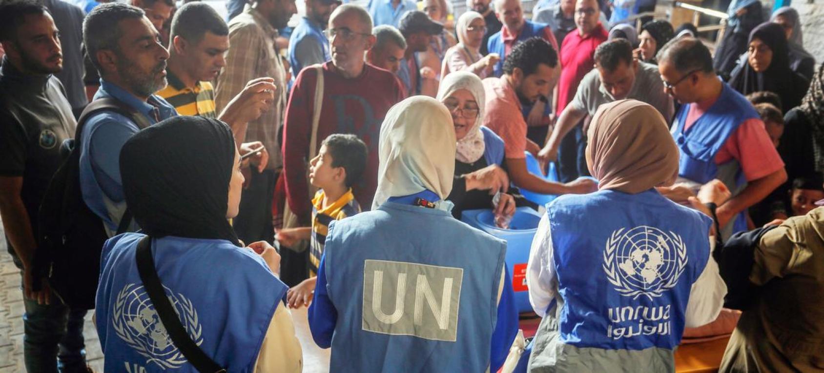 A group of people wearing UN logos on their clothing 