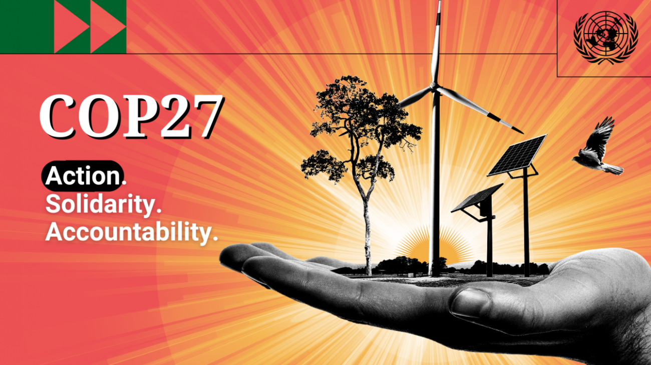 An image of a hand holding a tree and solar power windmills next to the words COP 27.
