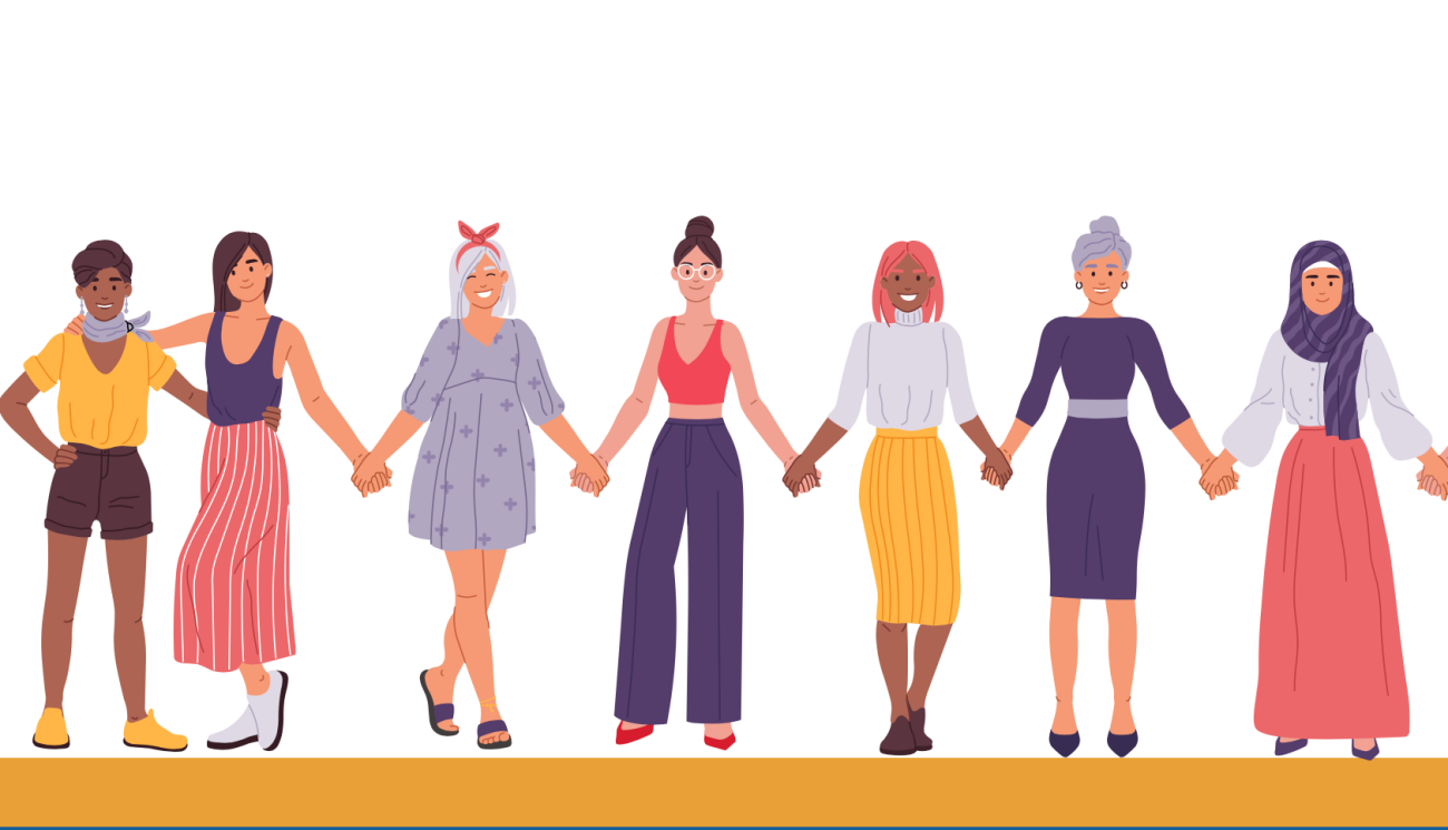 infographic of different women standing line holding hands 