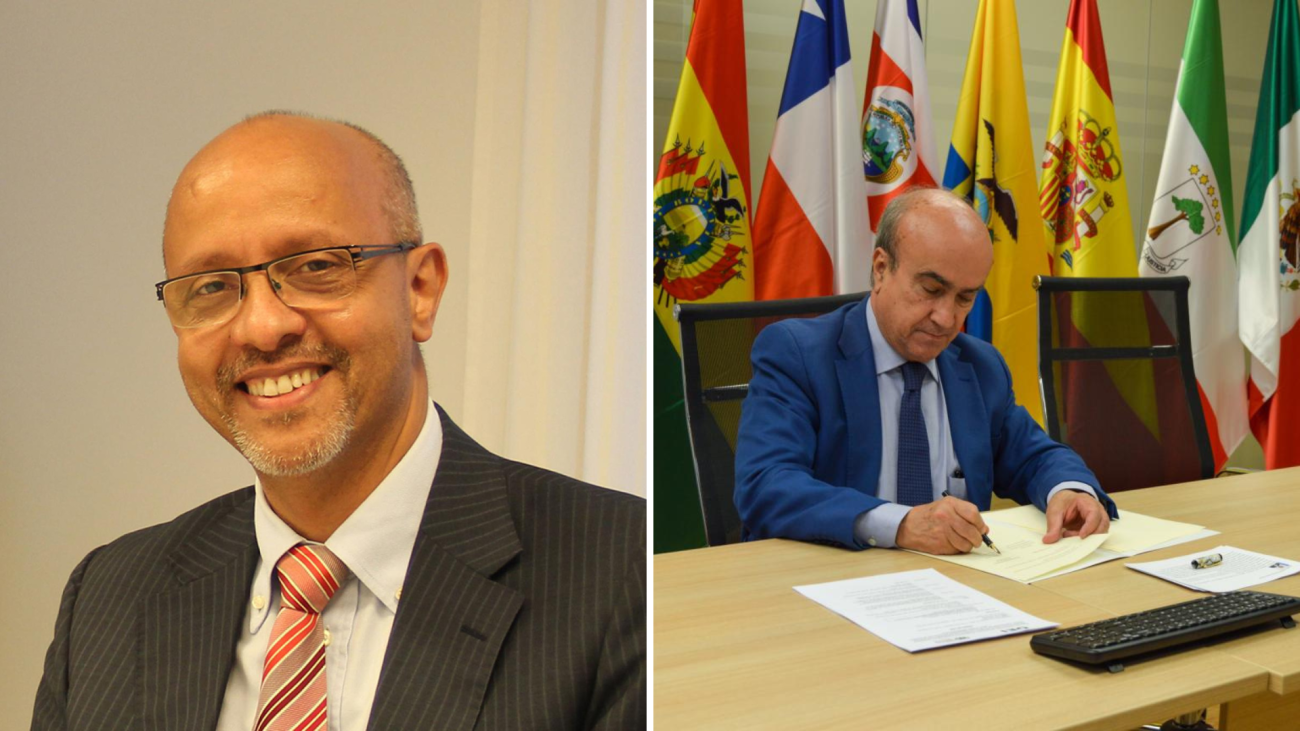 collage image with one man on the left in a suit smiling to the camera, and a photo on the right of a man signing a document behind a row of flags
