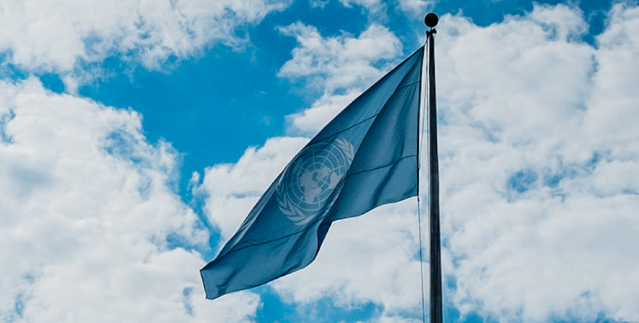 Blue UN flag against cloudy sky 