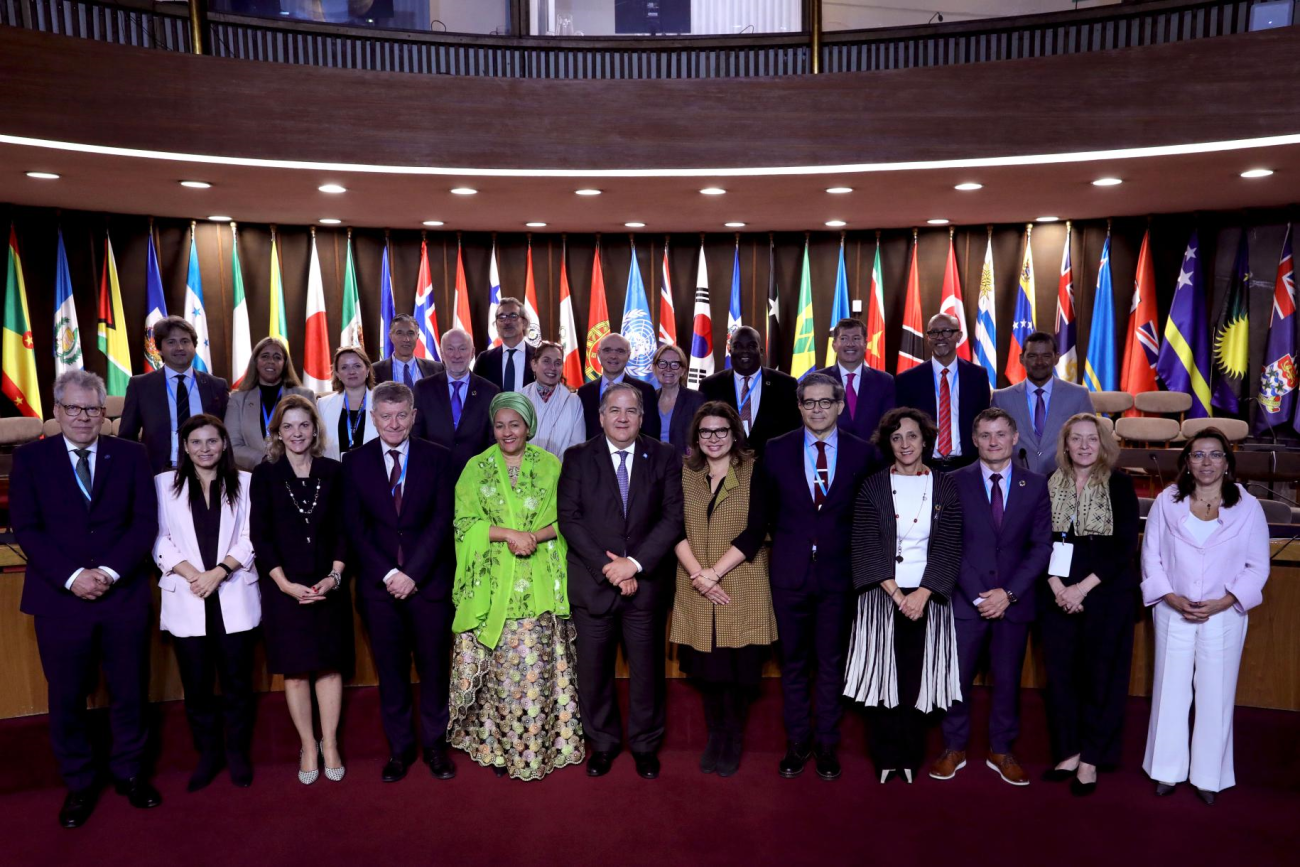 A group of people stand in front of a series of flags