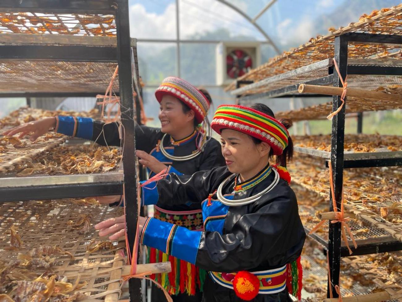 Two women in traiditional colourfull dress in an outdoor space are working on drying produce on drying
