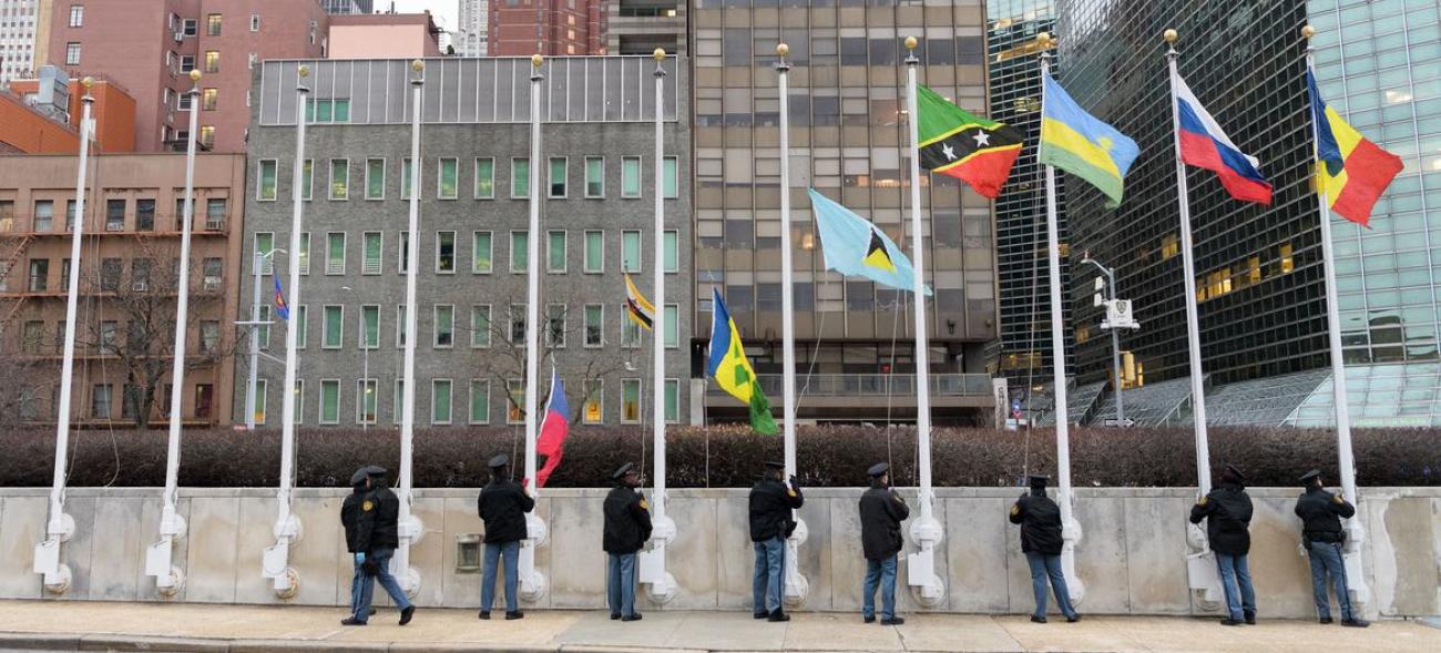 Flags hoisted outside the UN building in New York