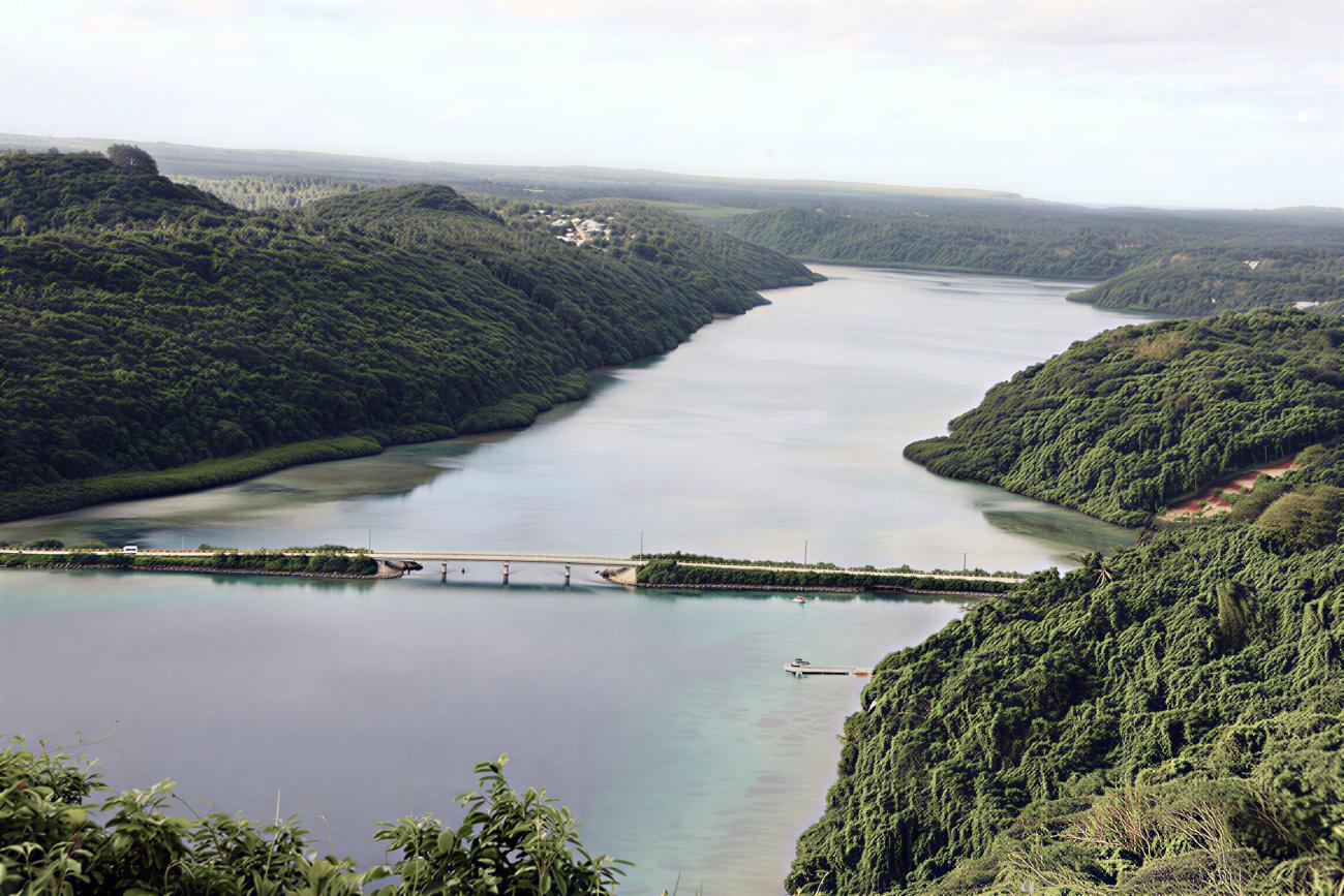 An aerial view of the Vaipua Channel in Vava'u, Tonga.