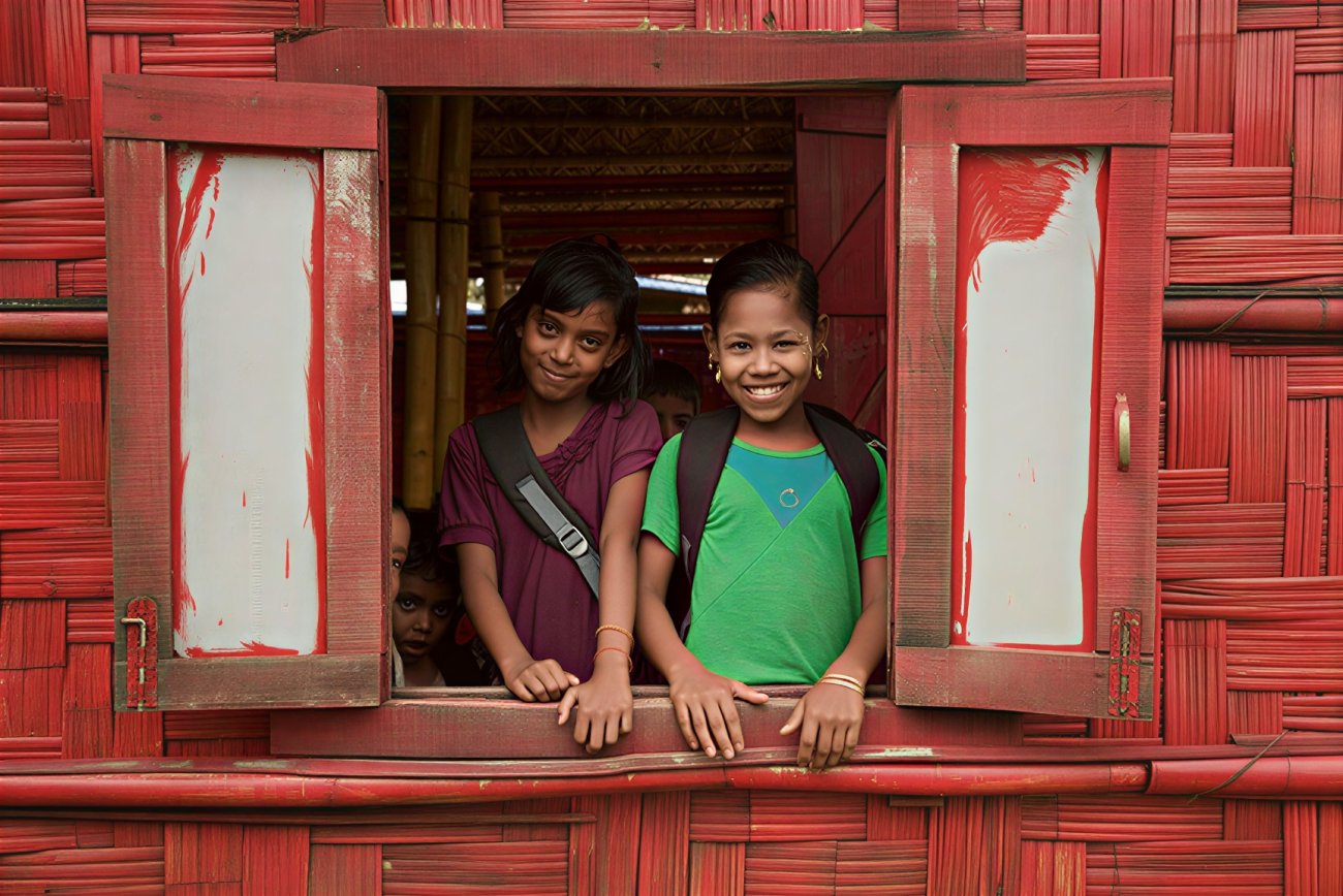 Two girls smile while standing in a window frame of a red house.