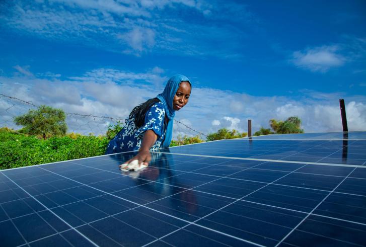 A woman is cleaning a solar panel outdoors