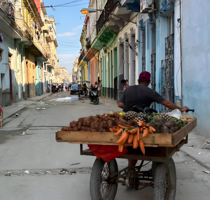 A man in Cuba rolls his fruit stand.
