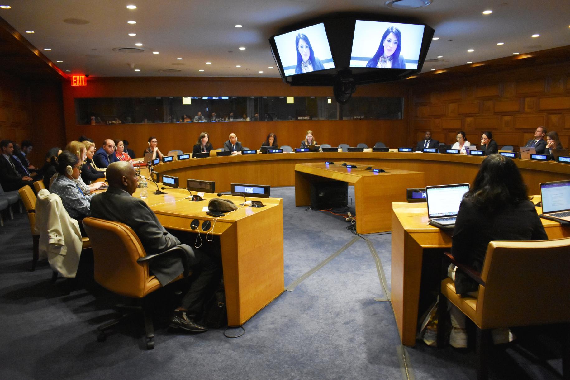 meeting room with woman speaking on two screens 
