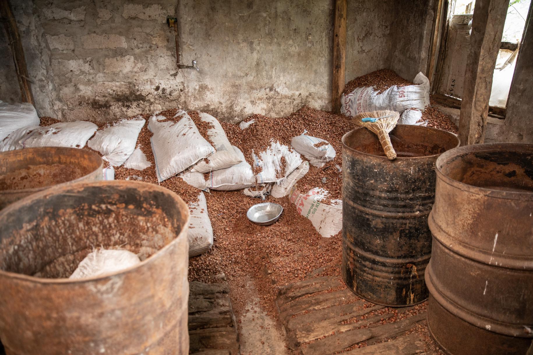 bags of hazelnuts in storage room 