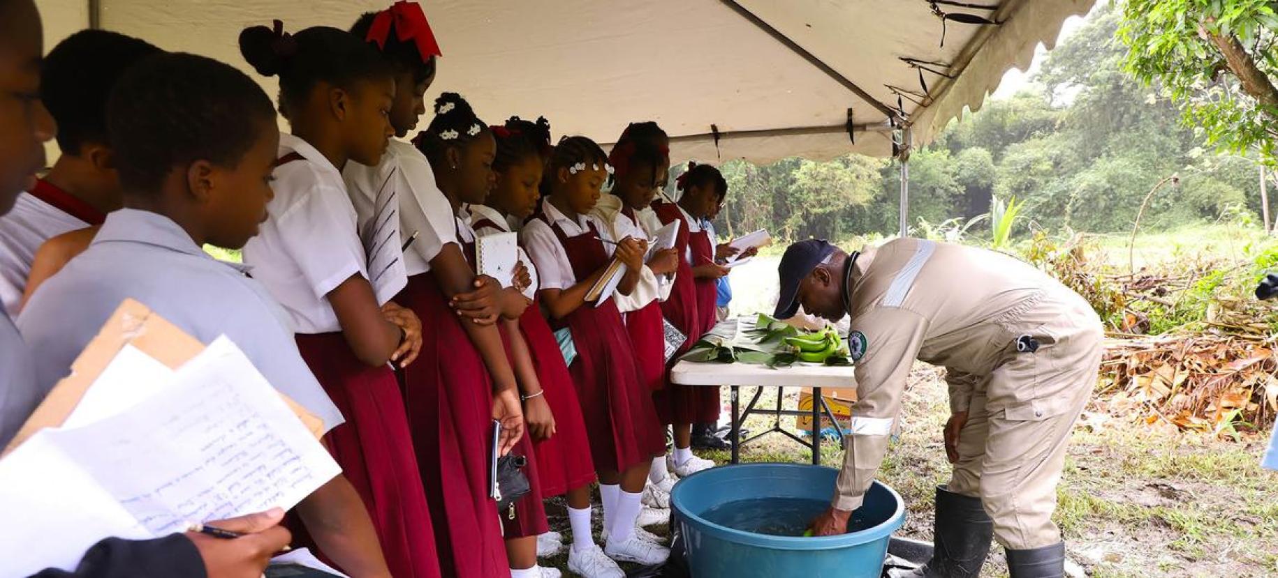 group of schoolchildren in red and white uniforms stand in front of man leaning over a bucket with bananas